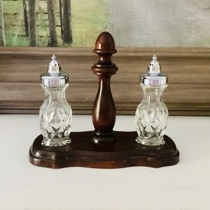 Vintage Glass Salt Pepper Shakers Set Wooden Stand Cottagecore Rustic MCM